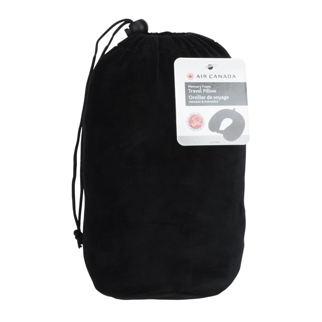 Air Canada Memory Foam Travel Pillow packed in a black drawstring pouch with a white tag showing the brand and pillow icon, designed for ergonomic neck support and portable comfort during travel.