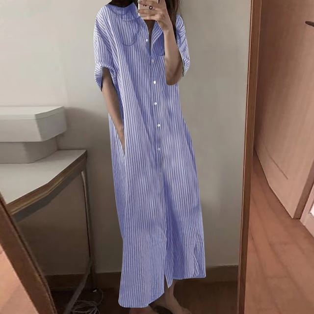 Jusqu'à 65 % de Rabais! Robes d'Été Mode pour Femmes 2024 Robe Grande Taille pour Col en V Robes d'Été Décontractées Poche Genou Manches Courtes avec Poches