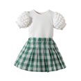 thumbnail image 1 of Honganda 1-6Y Toddler Girl Summer 2Pcs Outfit Solid Ribbed Bubble Short Sleeve Tops with Plaid Print A-Line Skirt Set, 1 of 9