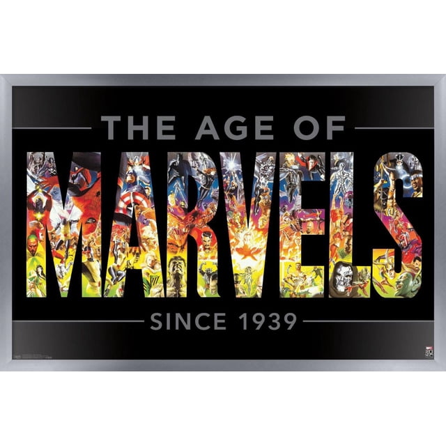 Marvel Comics - Marvel 80e Anniversaire - l'Ère des Merveilles Affiche Murale, 22,375 Po x 34 Po Présentant un Fond Noir avec le Mot « Merveilles » en Grandes Lettres Rempli d'Illustrations Colorées de Superhéros et de Méchants Emblématiques de Marvel, Y Compris Spider-Man, Captain America, Thor et Hulk, avec « l'Ère de » au-Dessus et « depuis 1939 » en Dessous en Texte Gris, Imprimée sur Papier Brillant, Convient à l'Art Mural et