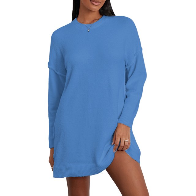 Faithtur Pull Tricoté Automne Hiver pour Femmes Couleur Unie Manches Longues Col Rond Long Tricoté