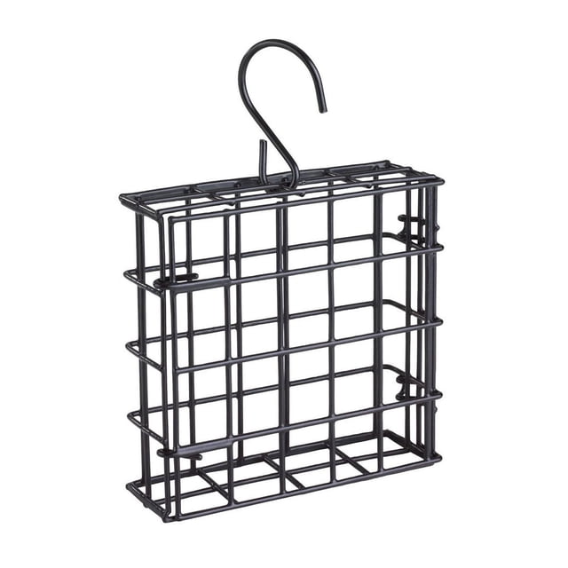 More Birds Single Suet Cage - Steel and weather-resistant black powder-coated cage with a top hook and double-locking closure, designed to hold one suet cake for feeding woodpeckers, chickadees, and other clinging birds outdoors.