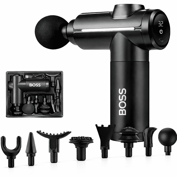 BOSS Handheld Massage Gun: 8 Heads & 32 Speeds, Ultra-Quiet Motor, LCD Display, Type-C Fast Charging, Long Battery Life for Home, Gym, Office & All