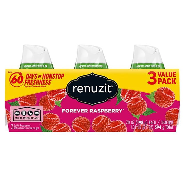 Renuzit Assainisseur d'Air Ajustable Framboise Éternelle Lot de 3 Comprenant Trois Cônes de gel Solides Blancs avec Hauts Verts, Emballés dans une Boîte à Thème Framboise Offrant jusqu'à 60 Jours de Fraîcheur Sans Arrêt et une Utilisation Multi-Pièces, Chaque Cône Contenant 7 oz (198 g) de gel Assainisseur d'Air Ajustable.