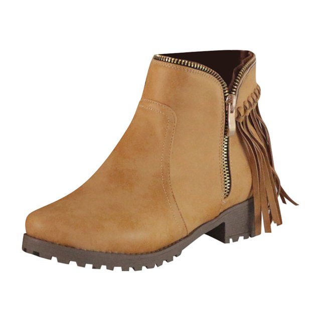 jovati Womens Comfortable Retro Tassel Side Zipper Low Heeled Round Toe Boots