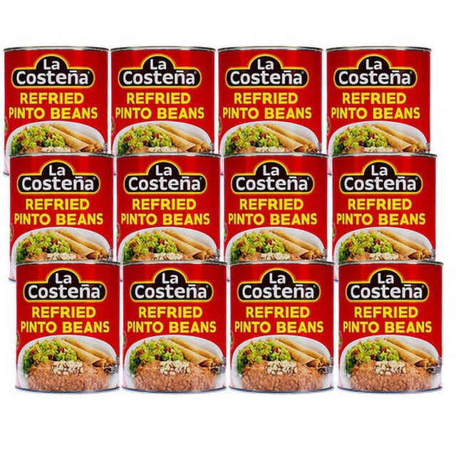 La Costeña Refried Pinto Beans 28.9 oz (12-Case) displayed in a grid of twelve cans. Each can features a red label with the La Costeña logo and an image of refried pinto beans served with tortillas. Ideal for Mexican and Latin American dishes, these beans are made with quality ingredients like pinto beans, jalapeno, and garlic.