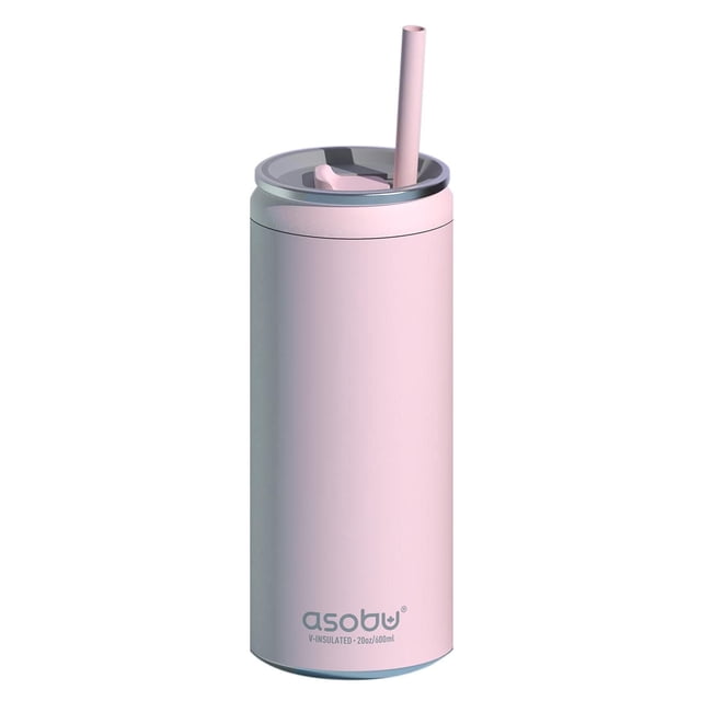 Asobu Multi Can Kuzie in matte light pink, a double-wall vacuum insulated 20 oz./600 ml tumbler with a multi-adapter lid and reusable straw, fits standard 12 oz. and slim cans, ideal for keeping drinks cold indoors or outdoors.