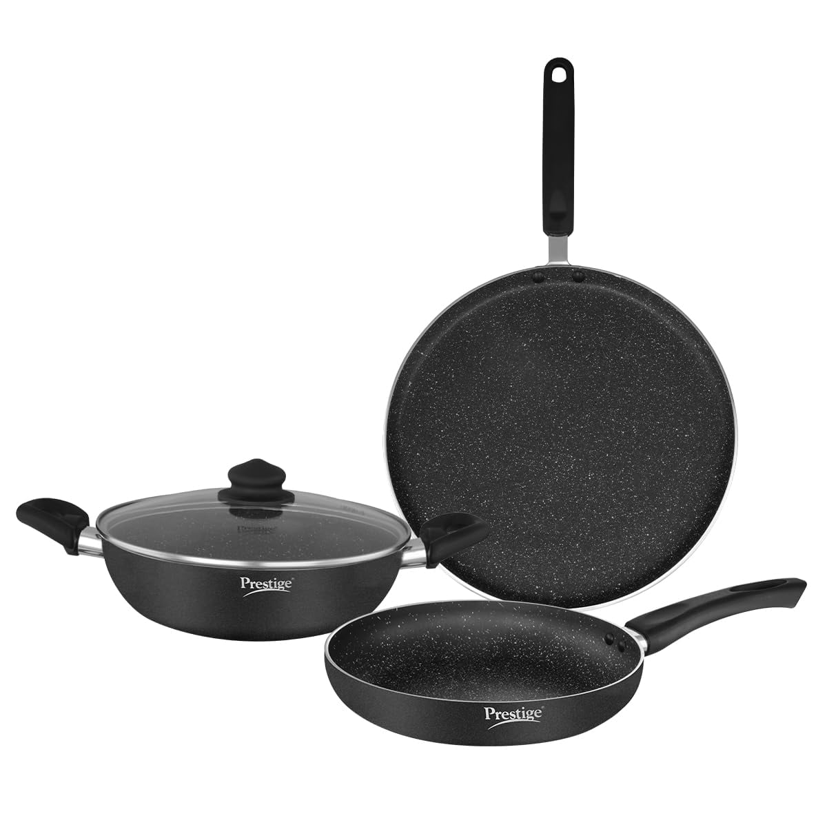 Prestige Omega Deluxe Granite 3 Piece non-stick BYK cookware set  Black