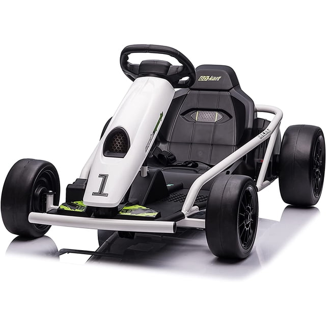 VOLTZ TOYS Electric GoKart, 24V Outdoor Racer Drifter Go Kart Drift Car for Kid and Adult, designed for powered outdoor play. Features include a sleek white frame, ergonomic seat with safety belt, dual motors, front rubber tires for stability, and rear plastic tires for drifting. Ideal for ages 6–12, supporting up to 132 lbs.