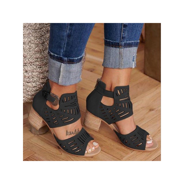 LUXUR Sandales Habillées à Talon Bloc Bas pour Femmes, Sandales à Boucle Mode pour Dames, Noir 9