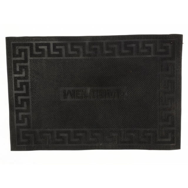 Welcome Rubber Pin Door Mat measuring 16 by 24 inches, made of durable black rubber with a geometric patterned border and 'WELCOME' spelled out in raised rubber pins at the center, ideal for indoor entryways to keep floors clean and washable with soapy water.