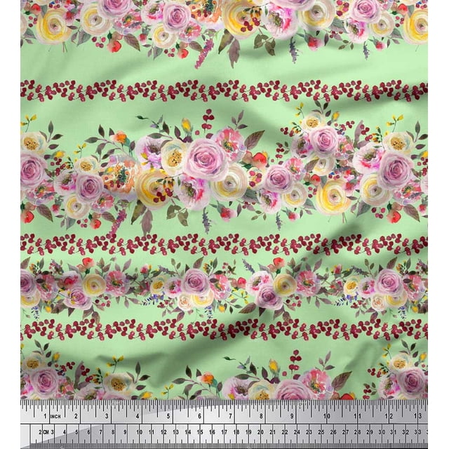 Soimoi Green polyester Crepe Fabric Leaves & Pink Floral Decor Fabric Printed BTY 42 Inch Wide