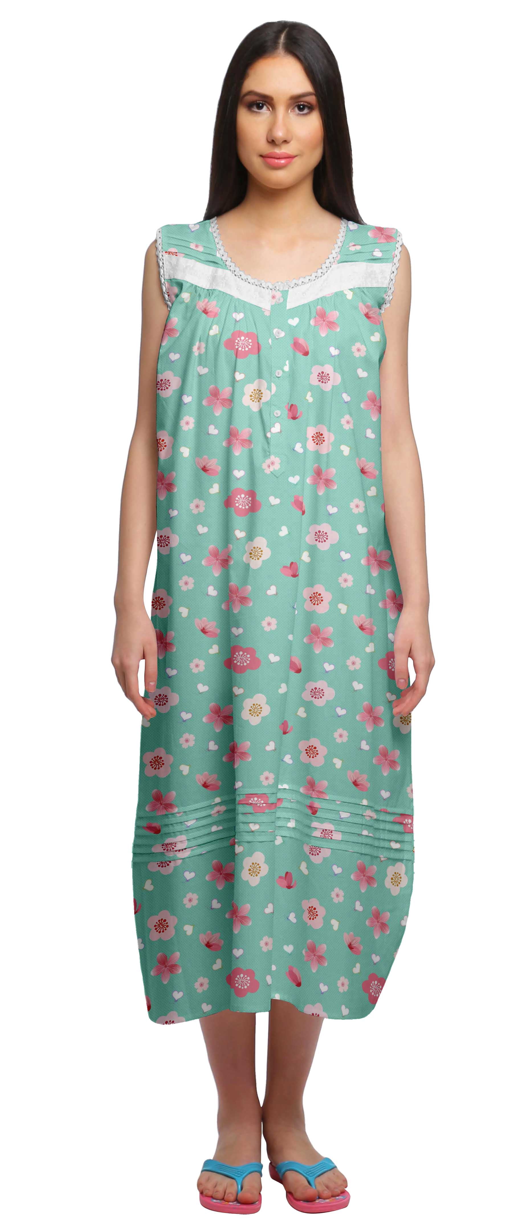 Moomaya Womens Lace Border Sleepwear For Ladies Button Placket Nightdress
