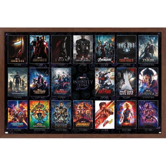 Marvel Avengers : la Saga de l'Infini - Affiche Murale à Grille d'Une Feuille, 22,375 Po x 34 Po Encadrée Affichant une Grille de 22 Affiches Encadrées des films Infinity Saga de Marvel, Incluant Iron Man, Thor, Captain America, Avengers, Gardiens de la Galaxie, Ant-Man, Doctor Strange, Black Panther, Captain Marvel et Avengers : Endgame, Chacune avec des dates de Sortie de 2008 à 2019