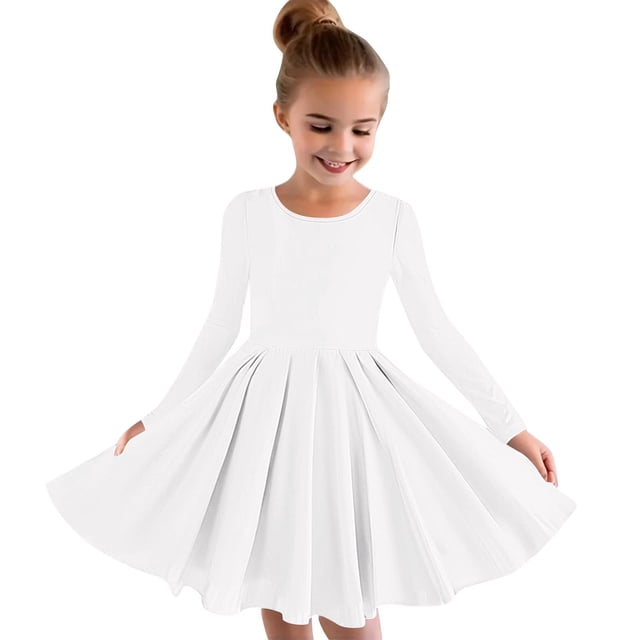 MeetoTime Robe de Performance pour Filles à Manches Longues, Couleur Unie, Col Rond, Extensible, Robe de Récital Scolaire, 4-14 Ans, Vêtements pour Enfants