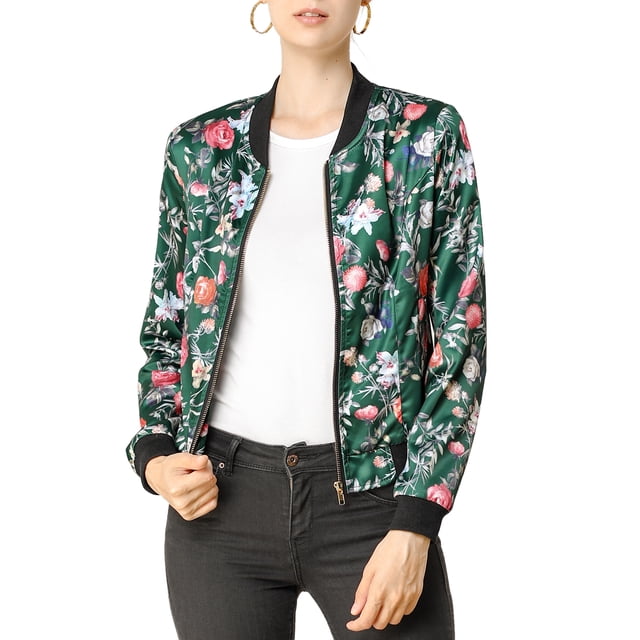 INSPIRE CHIC Blouson Bomber Court à Imprimés Floraux pour Femme à Col Montant à Fermeture à Glissière