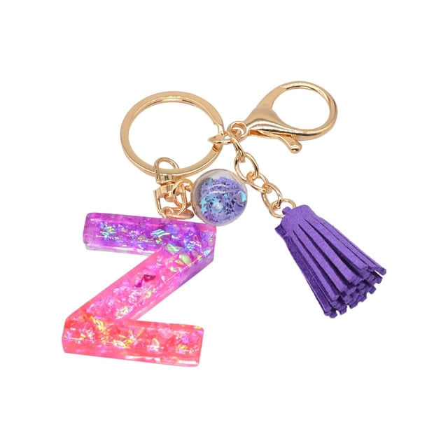 Hangs Pendant 2 Resin Glittering Letter Keychain with Color Stitching Flowing Design Purple Drop Glue English Character Key Chain
