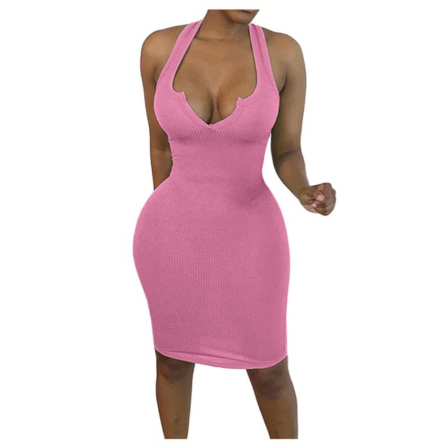 Fridja Womens’s Sheath Sleeveless Dress Solid Color Deep V-Neck Dress