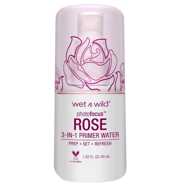 Photo Focus Primer Water lightweight primer water that hydrates, smooths and brightens skin for a dewy, healthy look; creates a smooth canvas for foundation, sets and refreshes makeup with a subtle floral rose scent, suitable for all skin types and often used to refresh makeup or dampen sponges for dewy application.