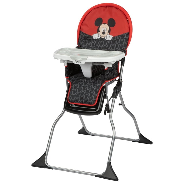 Disney Peeking Mickey Highchair with red and black deluxe padded seat featuring a Mickey graphic on the backrest, white 3-position adjustable tray with dishwasher-safe insert, and foldable silver metal frame with black footrests for compact storage.