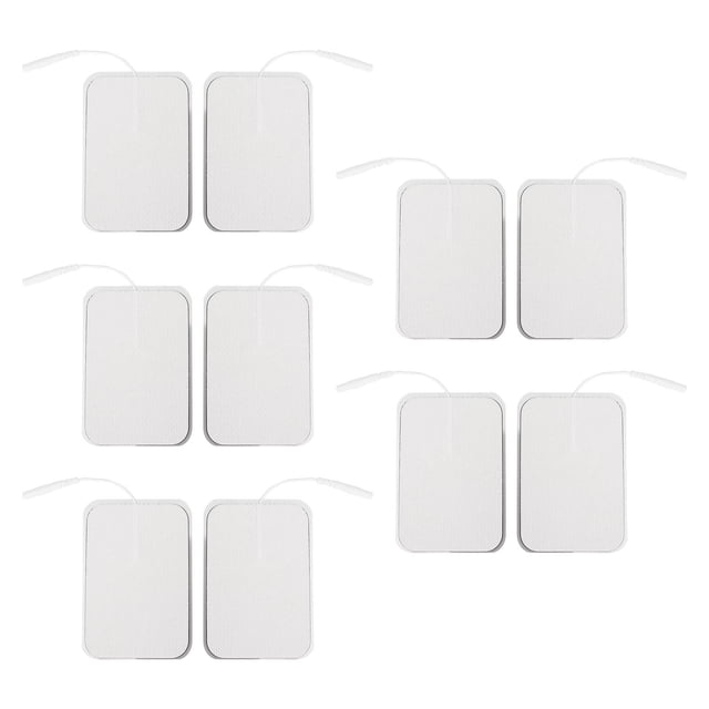 10pcs rectangular electrode pad self-adhesive electrode patch replacement accessory for TENS machine. The image displays ten white rectangular electrode pads with attached wires, arranged in pairs. These pads are designed for pain relief and muscle relaxation, suitable for areas like arms, legs, neck, and back. Constructed from non-woven fabric, they are reusable, skin-friendly, and lightweight, making them ideal for home or professional use.