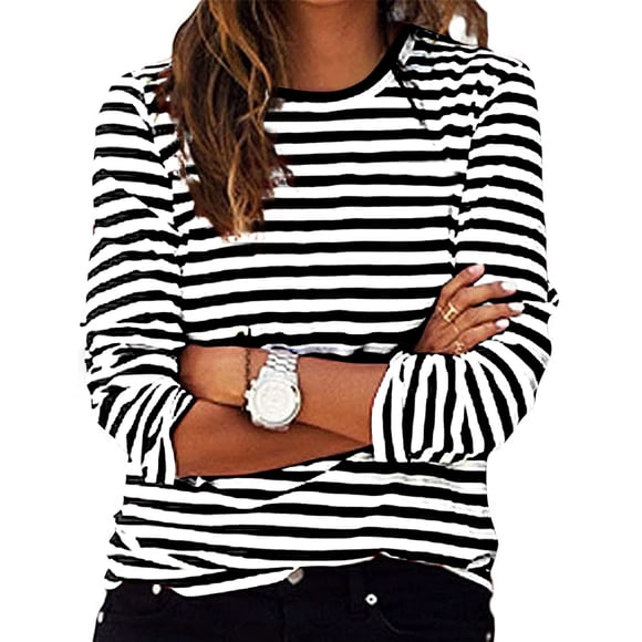 Moxiu Womens Classic Black White Striped Long Sleeve Shirt Crew Neck Tops Casual Loose Fit Basic T Shirt for Women Fall Pullover 2025 95%Polyester,5%Spandex