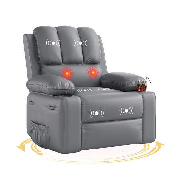 Oversized Swivel Recliner Dining Chair with 360° Rocker, Heat & Massage – Soft PU, Wide Seat, Manual Recline, Cup Holders, Side Pocket – Ideal for Living Room, Bedroom, Nursery – FN45 Grey