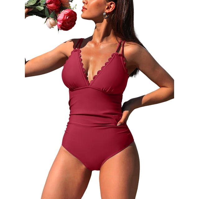 Charmo Womens V Neck Tummy Control One Piece Swimsuit High Cut Swimwear Ruched Bath Suit