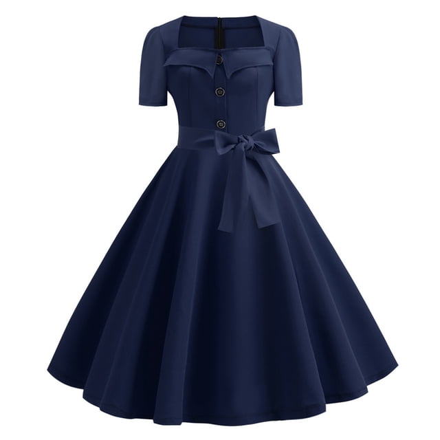 Robe Vintage Évasée pour Femmes, Ligne A, Nœud, Bal, Swing, Manches Courtes, Pois, Unie, Robe de Soirée