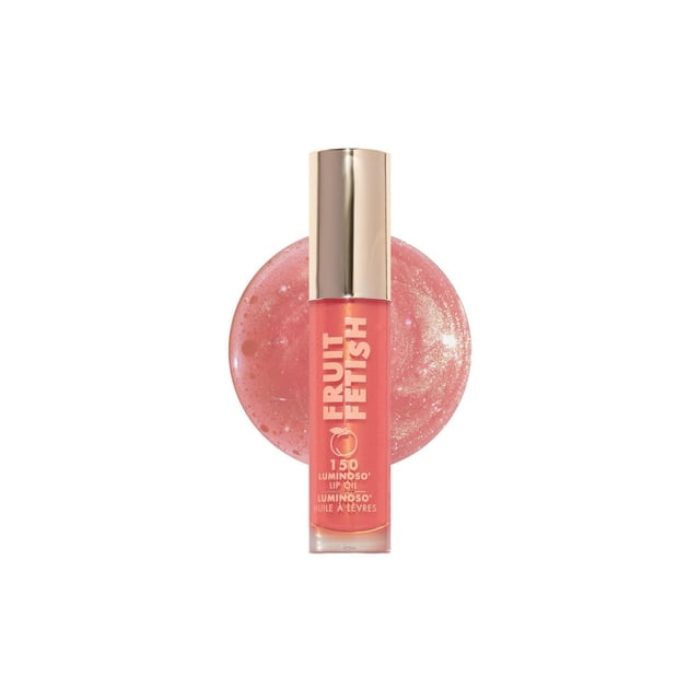 Milani Fruit Fetish Lip Oil 150 Luminoso in a clear tube with a gold cap, showing a glossy pink tint with subtle shimmer. This hydrating lip oil combines fruit extracts and Vitamin E for nourishing, non-sticky wear and glossy shine.