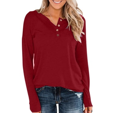 Jsaierl Women's Long Sleeve Henley Tops Buttons V Neck Long Sleeve Shirts Basic Solid Pullover Tees Casual Loose Fit Office Work Blouses