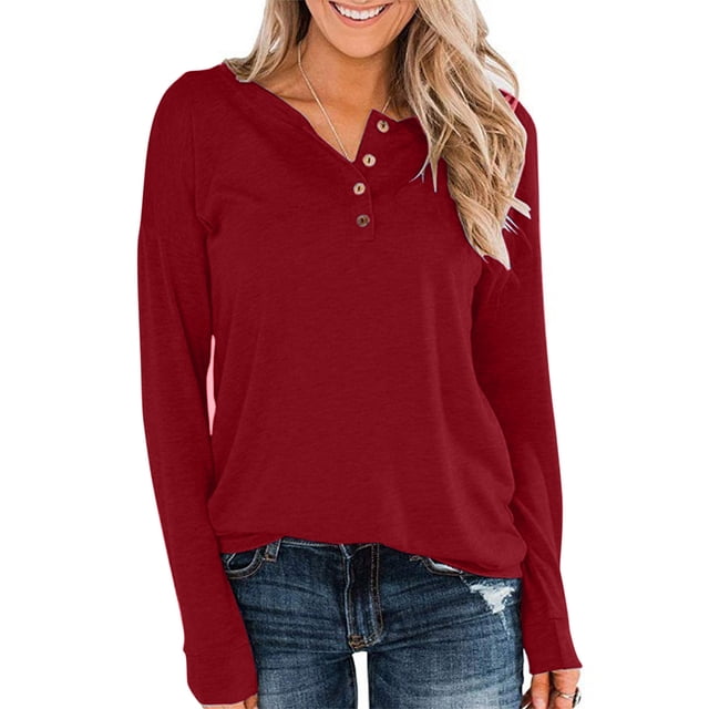 Meichang Womens Henley Tops Long Sleeve Shirts Basic Henley Neck Button Pullover Casual Loose Fit Womens Tops