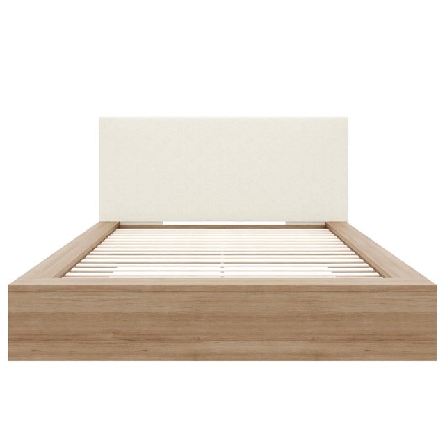 NEXERA JANE QUEEN BED/HB showing a queen-sized bed frame in natural oak finish with an upholstered off-white boucle fabric headboard and wooden slats for mattress support, combining modern design and comfort suitable for contemporary bedrooms.