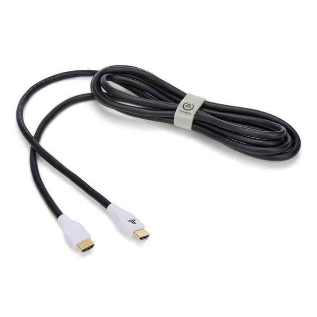 PowerA Ultra High Speed HDMI Cable for PlayStation 5, 10-foot black cable with white HDMI connectors featuring PlayStation logo, secured with branded cable tie, supports 4K at 120Hz and 8K at 60Hz per HDMI 2.1, ideal for high-bandwidth home audio and video setups and other HDMI-compatible devices.