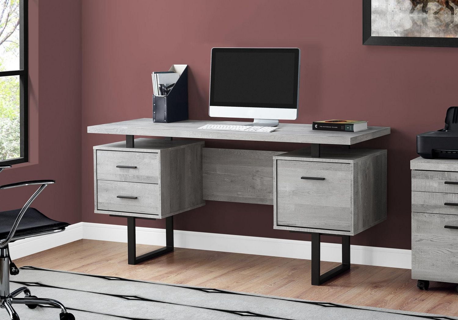 Monarch Specialties Bureau, Bureau À Domicile, Ordinateur Portable, Configuration Gauche, Droite, Tiroirs De Rangement, 60"l, Travail, Métal, Stratifié, Gris, Noir, Contemporain, Moderne