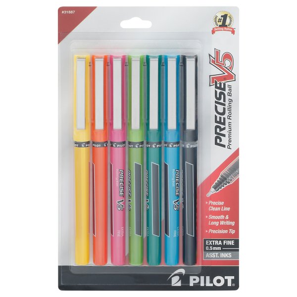 Pilot,Precise V5, Stylos à Bille Roulante à Encre Liquide Plafonnée, Pointe Extra Fine 0,5 mm, Couleurs Assorties, Lot de 7