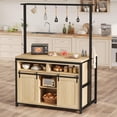 thumbnail image 3 of Wooden Kitchen Island with Power Outlet, Coffee Bar Table with Sliding Barn Door and Open Shelf, Rustic Cabinet Storage with 9 Hooks for Kitchen and Dining Room, 3 of 8