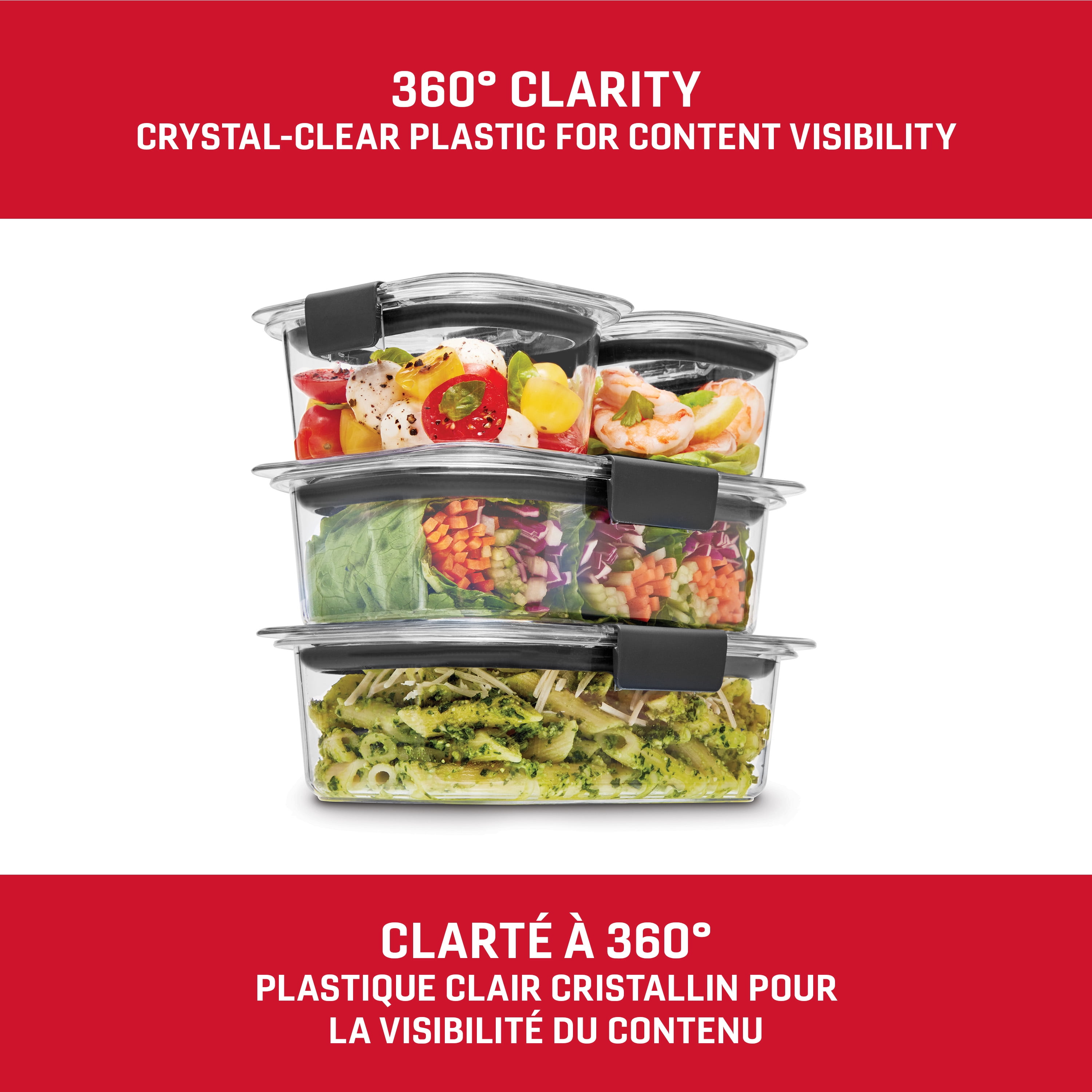 Contenants pour aliments en plastique Rubbermaid Brilliance, tailles assorties, paquet de 22, 44 pièces avec couvercles