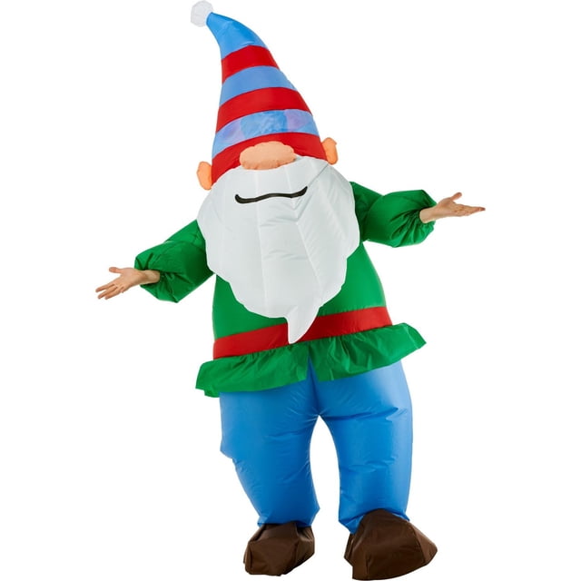Gnome Adult Inflatable Costume showing a front-facing person wearing a large inflatable gnome outfit with a blue and red striped tall hat, big white beard, green shirt with red belt, blue pants, and brown shoes, made of polyester with a battery-operated fan, suitable for Halloween or costume parties.