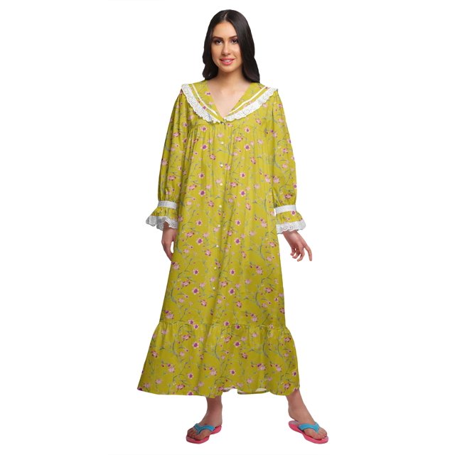 Moomaya Robe de Nuit Maxi pour Femmes en Coton à Col en V Imprimé avec Bordure Volantée