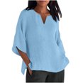 thumbnail image 1 of Dealovy Plus Size Shirts for Women 3/4 Sleeve Notch V Neck Cotton Linen Tops Summer Solid Color Tees, 1 of 5