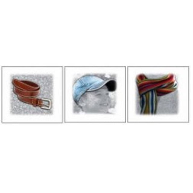 French Clothing And Accessories Flashcards showing three 6x6 inch cards with images of a brown leather belt, a blue knitted hat, and a multicolored striped scarf, suitable for learning French clothing vocabulary.