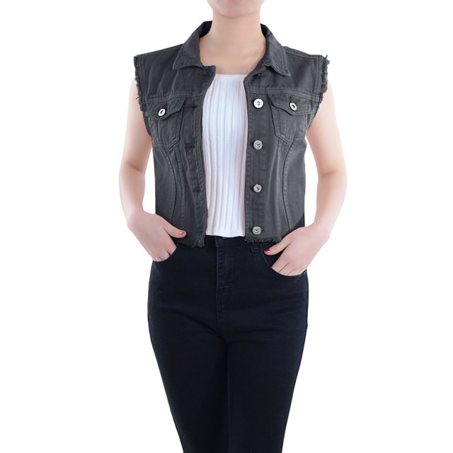 Womens Distressed Denim Button Up Sleeveless Crop Vest, Grey, Medium