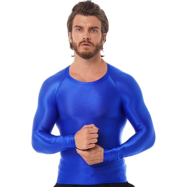 Jhaoyu Men's Glossy Long Sleeve Compression Shirts Athletic Workout Sports Rash Guard Undershirt Blue L