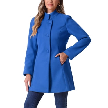 INSPIRE CHIC Manteau Mi-Long pour Femme à Col Montant, Pardessus d'Hiver à Simple Boutonnage avec Poches Obliques et Doublure Complète Bleu Mer TP