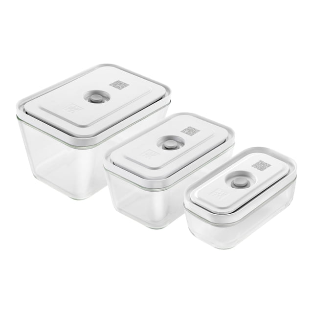ZWILLING Fresh & Save Ensemble de 3 Boîtes sous Vide P/M/G en Gris, Comprenant Trois Contenants Empilables en Verre Borosilicaté avec Couvercles Scellés sous Vide. l'Ensemble Comprend des Tailles Petites, Moyennes et Grandes, Conçu pour l'Entreposage et la Conservation des Aliments. les Contenants Vont au Congélateur, Allant au Four (Sans Couvercles), Va au Micro-Ondes (Sans Scellage sous Vide) et Va au Lave-Vaisselle. Chaque Couvercle a un code QR pour Se Connecter à l'Application ZWILLING, Qui Suit la Durée de Conservation des Aliments