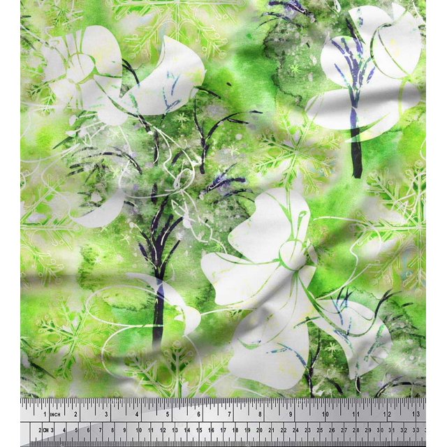 Soimoi Modal Satin Fabric Snowflake & Tree Watercolor Printed Craft Fabric by the Yard 42 Inch Wide