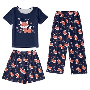 Sunnyoo Kids Girls Cotton Cartoon Prints T-Shirt Shorts Pants 3Pcs Pajamas, Sizes 1-12