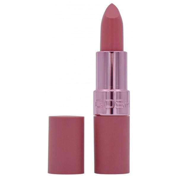 GOSH - Luxury Rose Lips - 001 Love lipstick in muted rose pink with a semi-matte finish, in a cylindrical tube with matching cap and metallic pink band embossed with GOSH, shown open with bullet extended on white background, ideal for vegan moisturizing lip color.