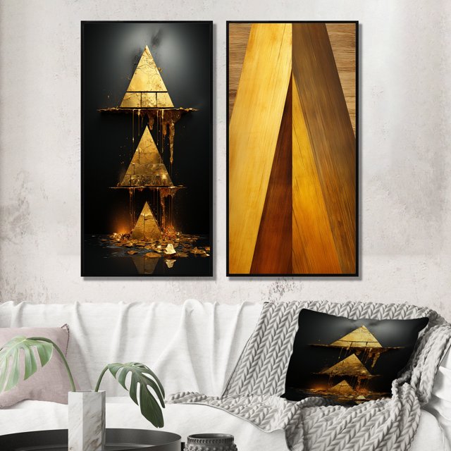 Designart « Prospérité Ascendante Rétro Or Abstrait I » Peinture Abstraite Ensemble d'Art Mural Encadré de 2 - Ensemble d'Art Mural Moderne Encadré Or de 2